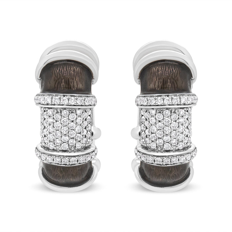 Bids.com 18K White Gold Flash Plated .925 Sterling Silver Clear Graphite Grey Enamel 5/8 Cttw Round Diamonds Huggie Hoop Earrings (F-G Color, VS1-VS2 Clarity) Earrings