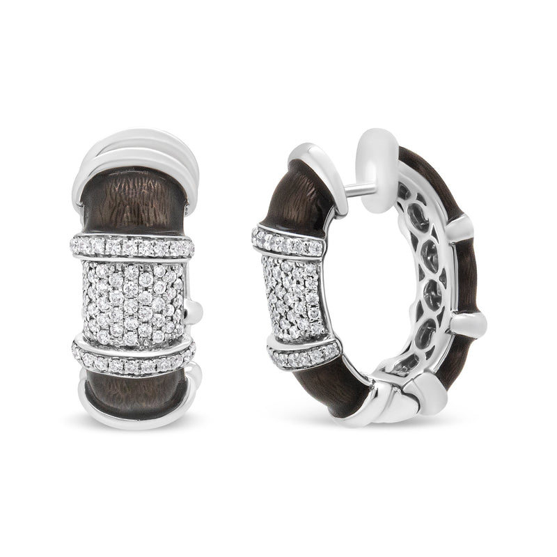 Bids.com 18K White Gold Flash Plated .925 Sterling Silver Clear Graphite Grey Enamel 5/8 Cttw Round Diamonds Huggie Hoop Earrings (F-G Color, VS1-VS2 Clarity) Earrings