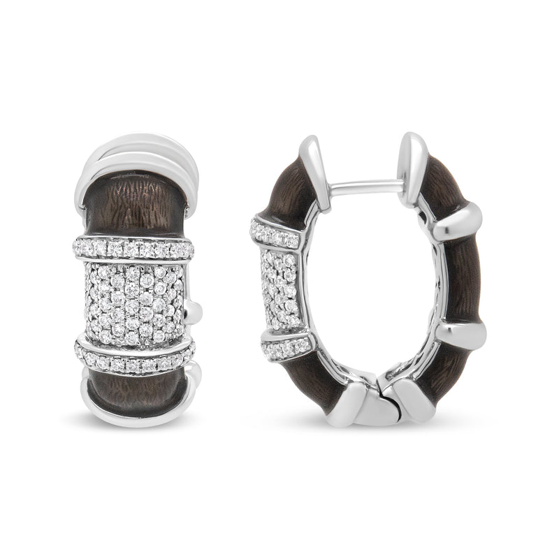 Bids.com 18K White Gold Flash Plated .925 Sterling Silver Clear Graphite Grey Enamel 5/8 Cttw Round Diamonds Huggie Hoop Earrings (F-G Color, VS1-VS2 Clarity) Earrings