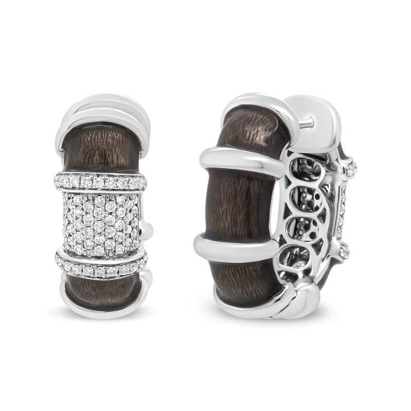 Bids.com 18K White Gold Flash Plated .925 Sterling Silver Clear Graphite Grey Enamel 5/8 Cttw Round Diamonds Huggie Hoop Earrings (F-G Color, VS1-VS2 Clarity) Earrings