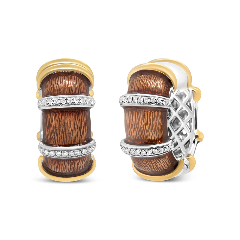 Bids.com 18K Yellow and White Gold Flash Plated .925 Sterling Silver Clear Brown Enamel 9/10 Cttw Round Diamonds Huggie Hoop Earrings (F-G Color, VS1-VS2 Clarity) Earrings