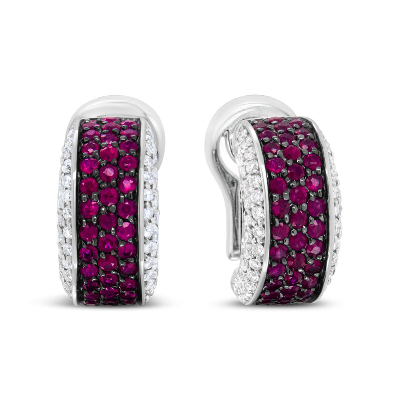Bids.com 18K White Gold and Black Rhodium Plated 3/4 Cttw Round Diamonds and 1mm Round Red Ruby Huggie Hoop Earrings (F-G Color, VS1-VS2 Clarity) Earrings