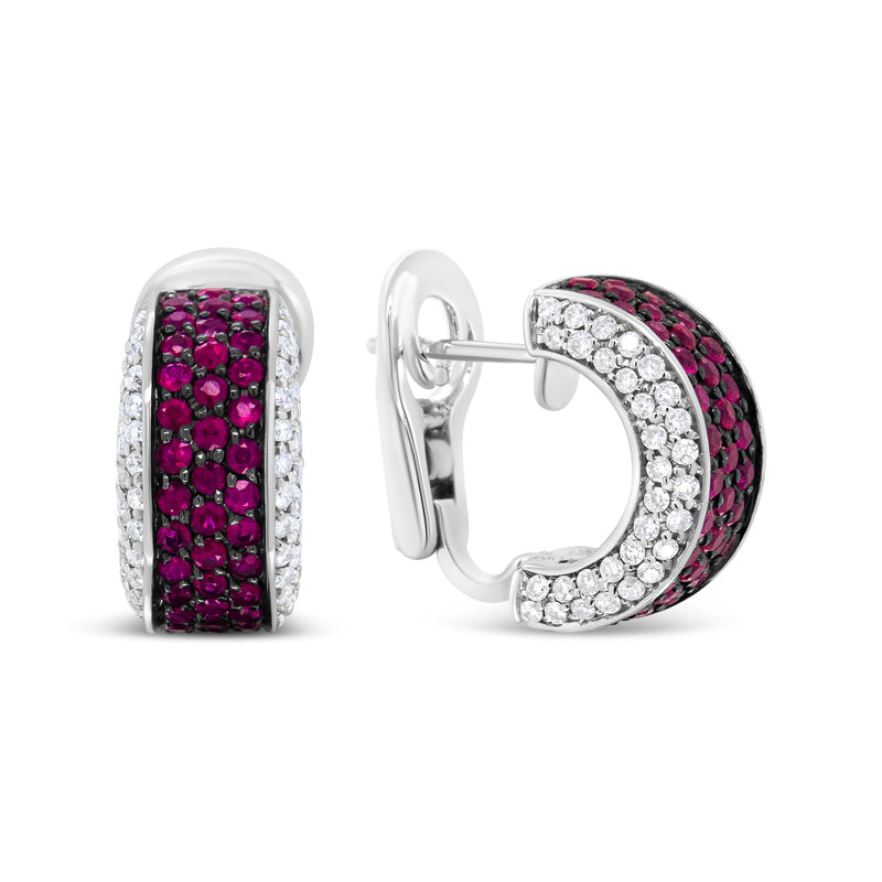Bids.com 18K White Gold and Black Rhodium Plated 3/4 Cttw Round Diamonds and 1mm Round Red Ruby Huggie Hoop Earrings (F-G Color, VS1-VS2 Clarity) Earrings