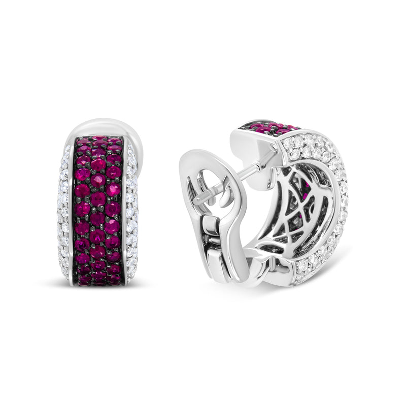 Bids.com 18K White Gold and Black Rhodium Plated 3/4 Cttw Round Diamonds and 1mm Round Red Ruby Huggie Hoop Earrings (F-G Color, VS1-VS2 Clarity) Earrings