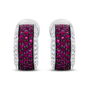 Bids.com 18K White Gold and Black Rhodium Plated 3/4 Cttw Round Diamonds and 1mm Round Red Ruby Huggie Hoop Earrings (F-G Color, VS1-VS2 Clarity) Earrings