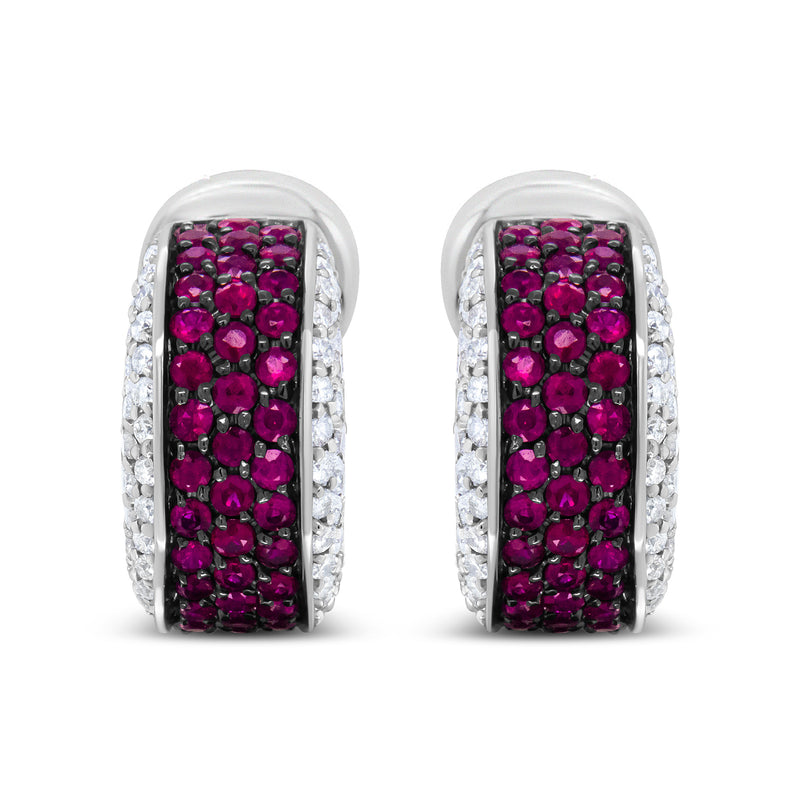 Bids.com 18K White Gold and Black Rhodium Plated 3/4 Cttw Round Diamonds and 1mm Round Red Ruby Huggie Hoop Earrings (F-G Color, VS1-VS2 Clarity) Earrings