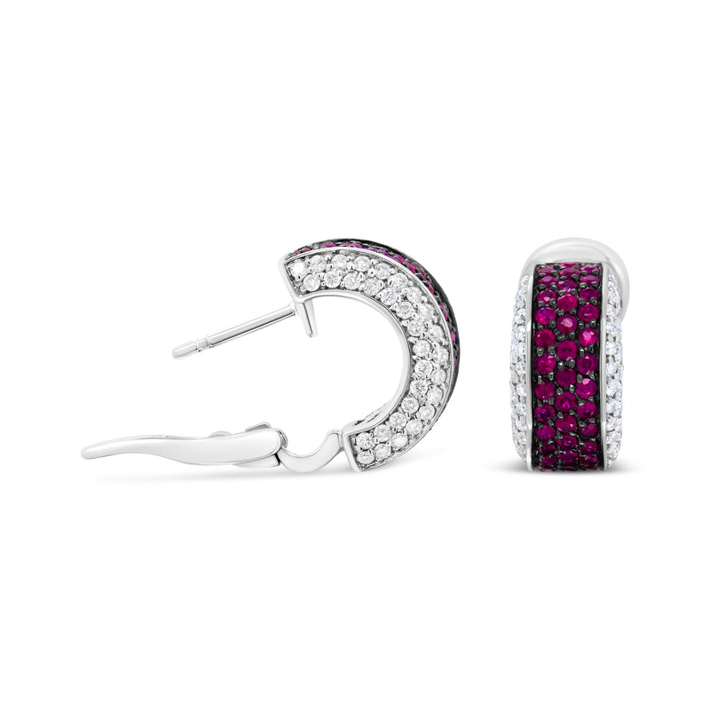 Bids.com 18K White Gold and Black Rhodium Plated 3/4 Cttw Round Diamonds and 1mm Round Red Ruby Huggie Hoop Earrings (F-G Color, VS1-VS2 Clarity) Earrings