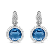 Bids.com 18K White Gold Bezel Set 11mm Blue Topaz and 1/2 Cttw Invisible Set Diamond Bale Dangle Earrings (F-G Color, VS1-VS2 Clarity) Earrings