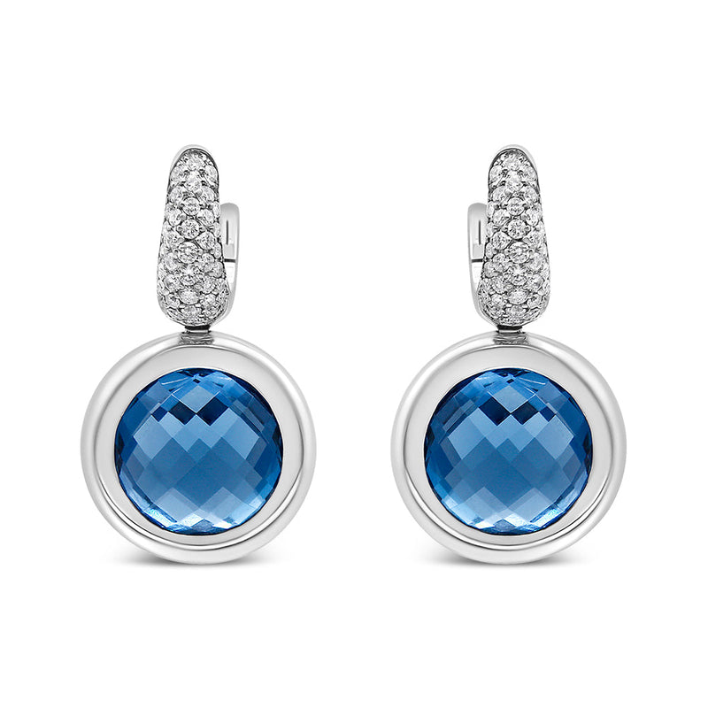 Bids.com 18K White Gold Bezel Set 11mm Blue Topaz and 1/2 Cttw Invisible Set Diamond Bale Dangle Earrings (F-G Color, VS1-VS2 Clarity) Earrings