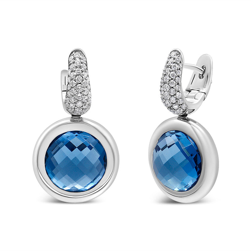 Bids.com 18K White Gold Bezel Set 11mm Blue Topaz and 1/2 Cttw Invisible Set Diamond Bale Dangle Earrings (F-G Color, VS1-VS2 Clarity) Earrings