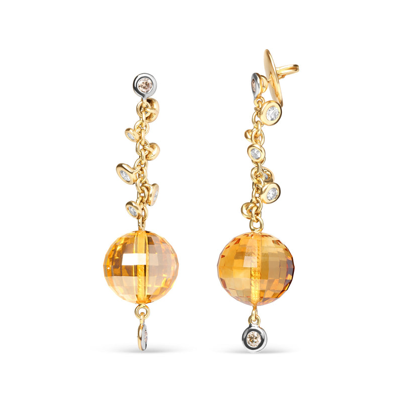 Bids.com 18K Yellow Gold 2/3 Cttw Round Bezel Diamond and 25mm Ball Shaped Yellow Citrine Gemstone Dangle Stud Earring (Brown and G-H Color, SI1-SI2 Clarity) Earrings