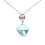 Bids.com 18K White and Rose Gold Round Diamond Accent and Round Rose De France Pink Amethyst and Cushion Cut Sky Blue Topaz Dangle Drop 18" Pendant Necklace (G-H Color, SI1-SI2 Clarity) Necklaces