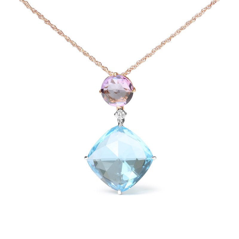 Bids.com 18K White and Rose Gold Round Diamond Accent and Round Rose De France Pink Amethyst and Cushion Cut Sky Blue Topaz Dangle Drop 18" Pendant Necklace (G-H Color, SI1-SI2 Clarity) Necklaces