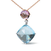 Bids.com 18K White and Rose Gold Round Diamond Accent and Round Rose De France Pink Amethyst and Cushion Cut Sky Blue Topaz Dangle Drop 18" Pendant Necklace (G-H Color, SI1-SI2 Clarity) Necklaces
