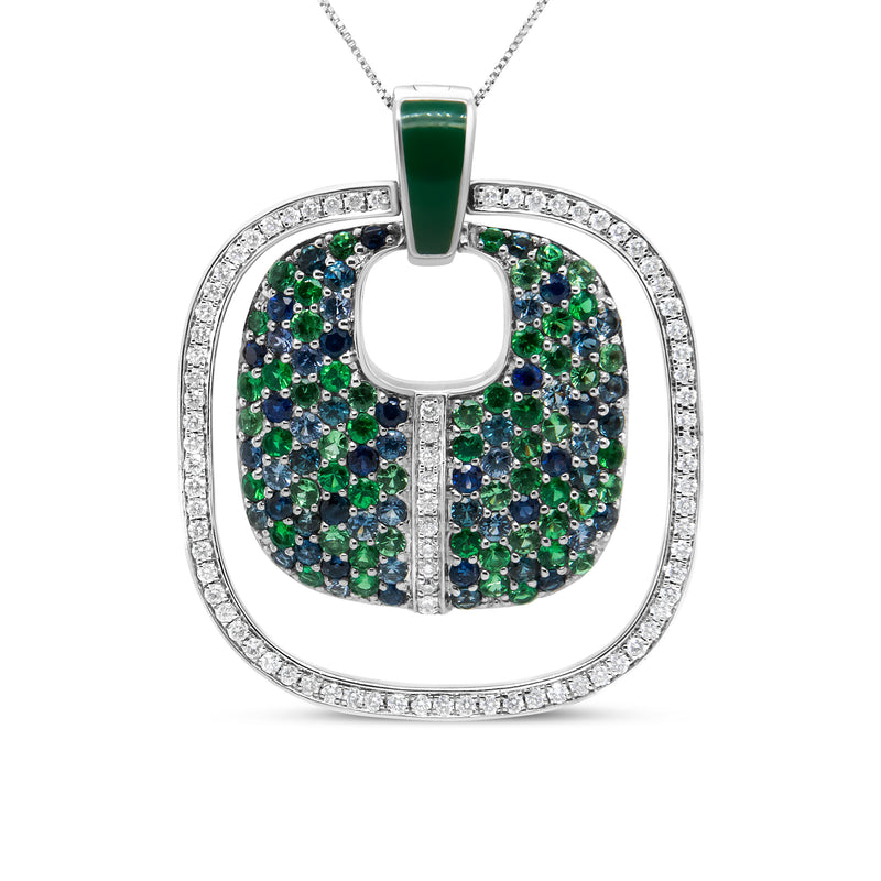 Bids.com .925 Sterling Silver Green Enamel Pendant with 1/2 Cttw Diamond, Sapphire, and Tsavorite Openwork Statement 18" Pendant Necklace (F-G Color, VS1-VS2 Clarity) Necklaces