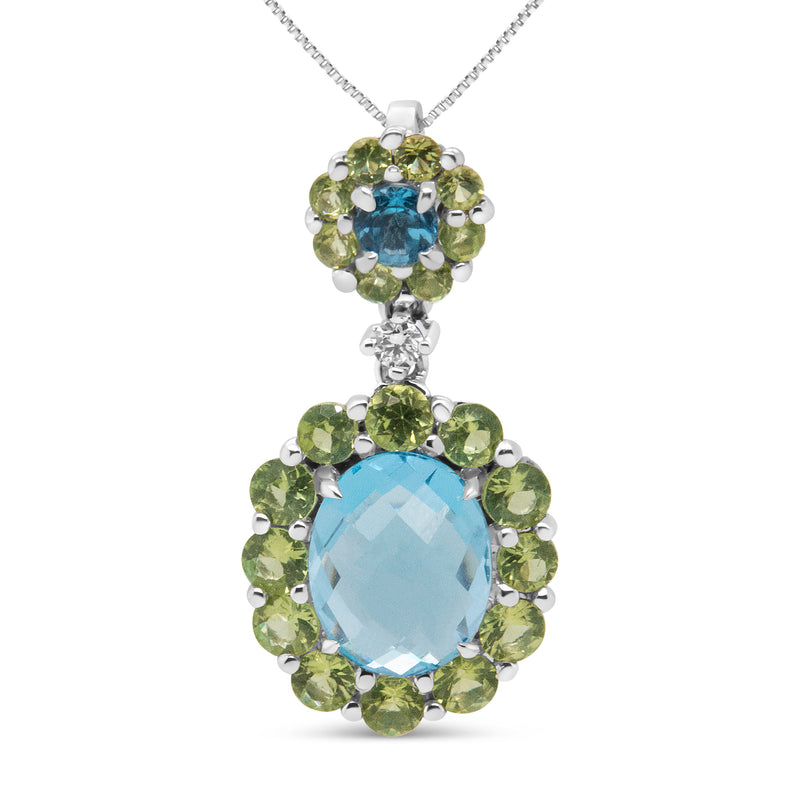 Bids.com 18k White Gold 0.05 Cttw Round Diamond and Blue Topaz and Green Peridot Gemstone Halo Drop 18" Pendant Necklace (F-G Color, VS1-VS2 Clarity) Necklaces