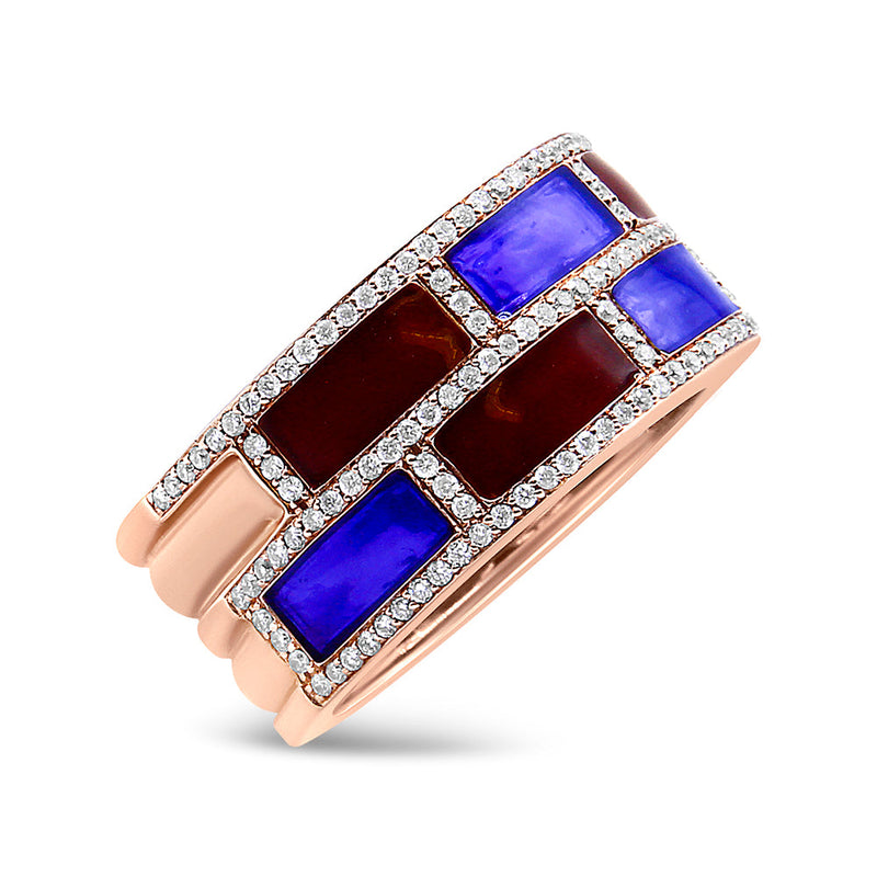 Bids.com 18K Rose Gold Alternating Red and Blue Enamel and 1/2 Cttw Diamond Studded Band Ring (F-G Color, VS1-VS2 Clarity) - Ring Size 7 Rings