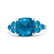 Bids.com 18K White Gold 10mm Cushion Shaped Blue Topaz and 1/6 Cttw Diamond 3 Stone Style Ring (F-G Color, VS1-VS2 Clarity) - Ring Size 6.5 Rings