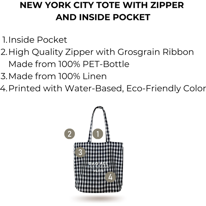 Bag-All - New York City Tote With Zipper And Inside Pocket, Gingham