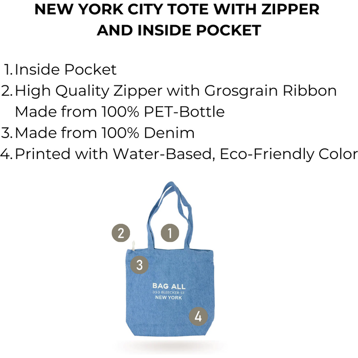 Bag-All - New York City Tote With Zipper And Inside Pocket, Denim