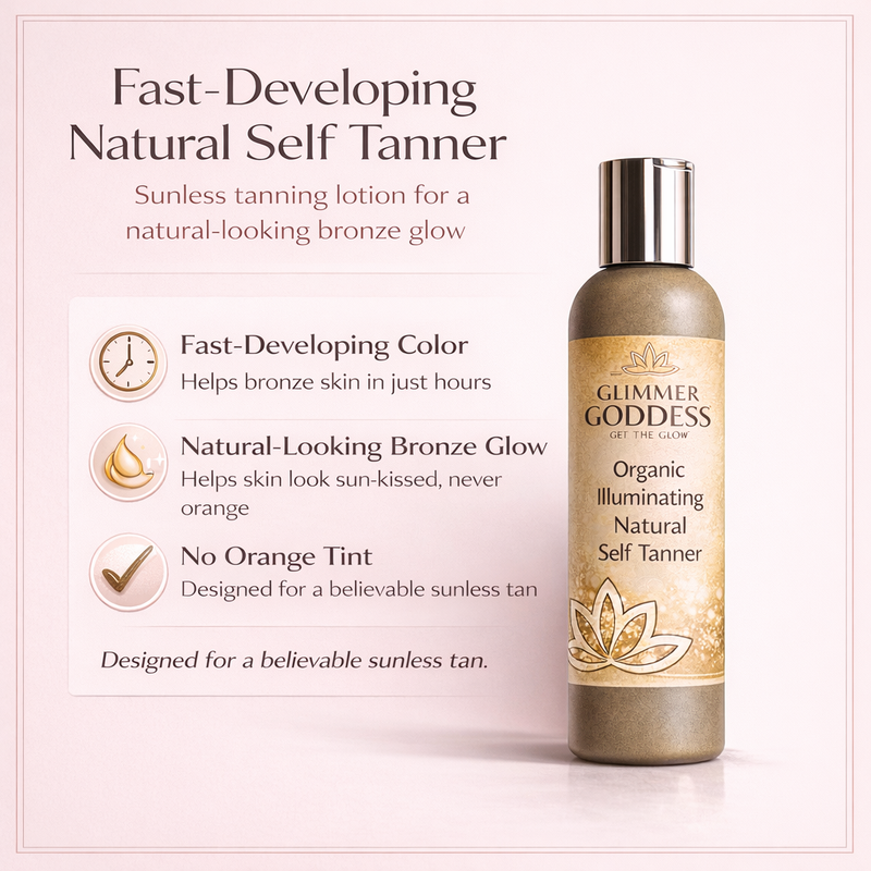 Glimmer Goddess® Organic Skin Care Organic Self Tanner – Fast Bronze Glow Self Tanner Misty Rose 8 oz / Regular / Lightly Scented – soft essential oil scent,8 oz / Regular / Unscented – great for extra-sensitive skin,8 oz / Dark / Lightly Scented – soft essential oil scent,8 oz / Dark / Unscented – great for extra-sensitive skin,4 oz / Regular / Ligh