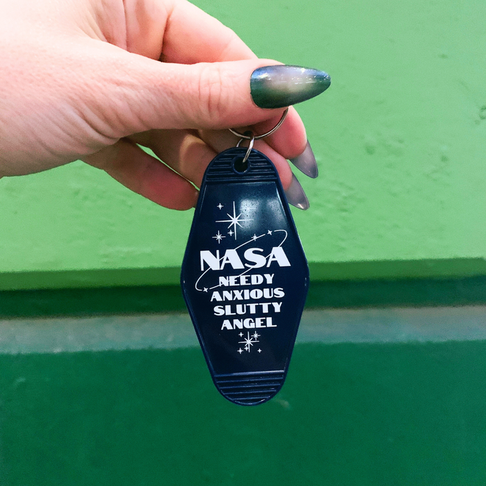 Needy Anxious Slutty Angel Space Explorer Motel Style Keychain in Dark Blue