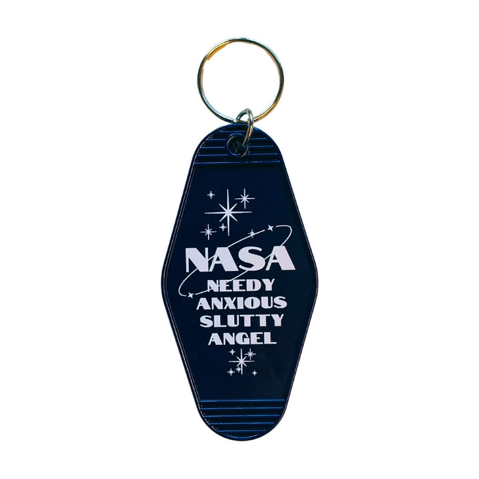 Needy Anxious Slutty Angel Space Explorer Motel Style Keychain in Dark Blue