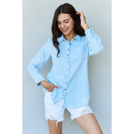 Doublju Blue Jean Baby Denim Button Down Shirt Top in Light Blue