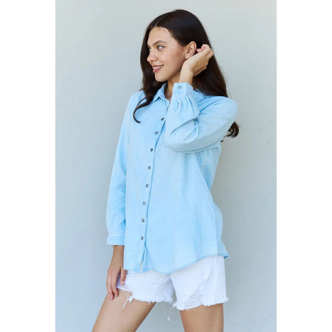 Doublju Blue Jean Baby Denim Button Down Shirt Top in Light Blue