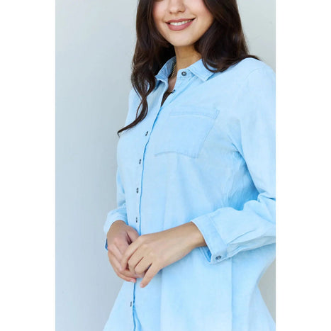 Doublju Blue Jean Baby Denim Button Down Shirt Top in Light Blue