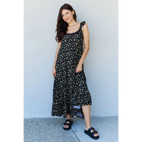 Ninexis Doublju In The Garden Ruffle Floral Maxi Dress in  Black Yellow Floral