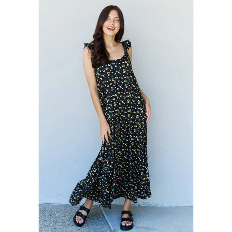 Ninexis Doublju In The Garden Ruffle Floral Maxi Dress in  Black Yellow Floral