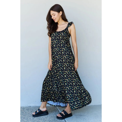 Ninexis Doublju In The Garden Ruffle Floral Maxi Dress in  Black Yellow Floral