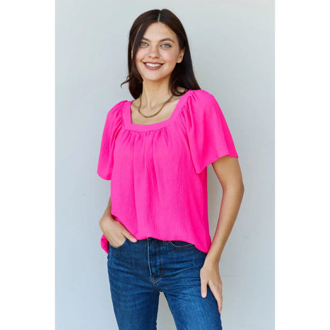 Ninexis Keep Me Close Square Neck Short Sleeve Blouse in Fuchsia