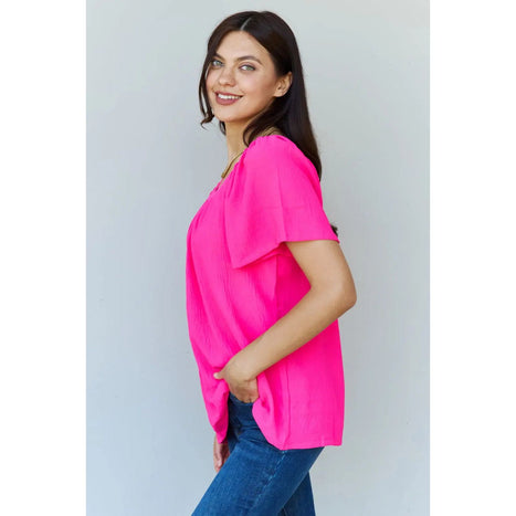 Ninexis Keep Me Close Square Neck Short Sleeve Blouse in Fuchsia