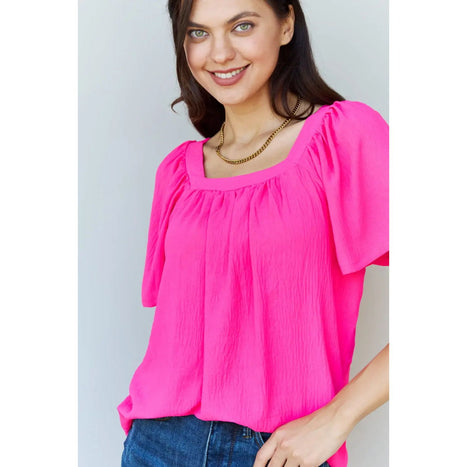 Ninexis Keep Me Close Square Neck Short Sleeve Blouse in Fuchsia