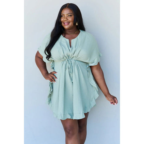 Ninexis Out Of Time Ruffle Hem Dress with Drawstring Waistband in Light Sage