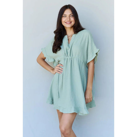 Ninexis Out Of Time Ruffle Hem Dress with Drawstring Waistband in Light Sage