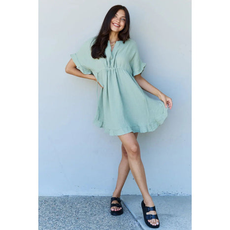 Ninexis Out Of Time Ruffle Hem Dress with Drawstring Waistband in Light Sage