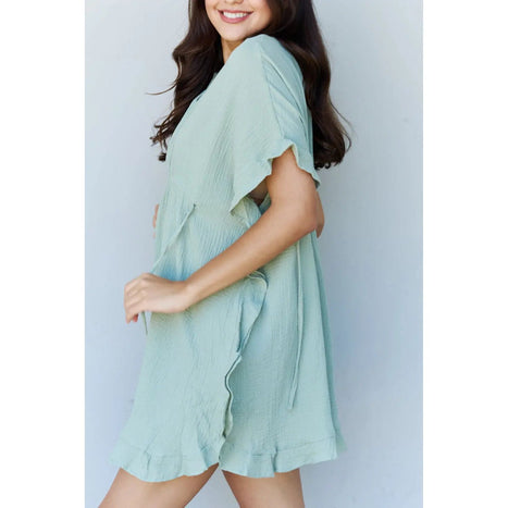 Ninexis Out Of Time Ruffle Hem Dress with Drawstring Waistband in Light Sage