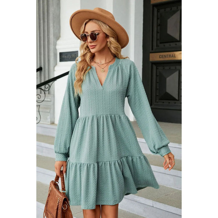 Notched Neck Long Sleeve Mini Dress