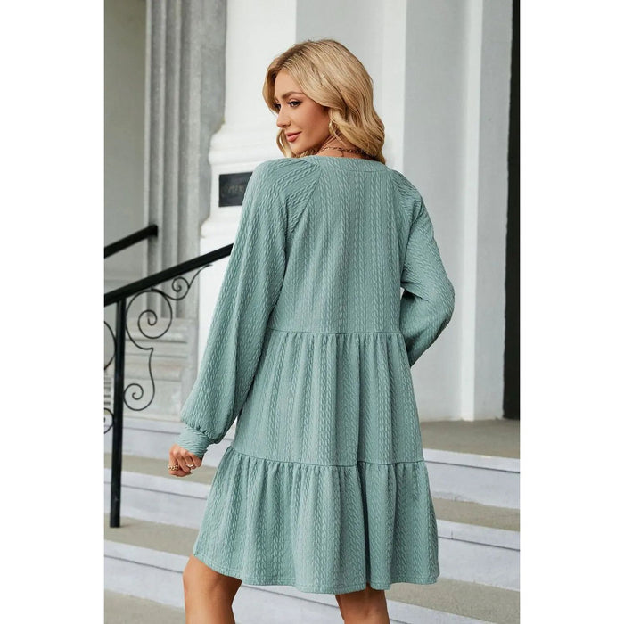 Notched Neck Long Sleeve Mini Dress