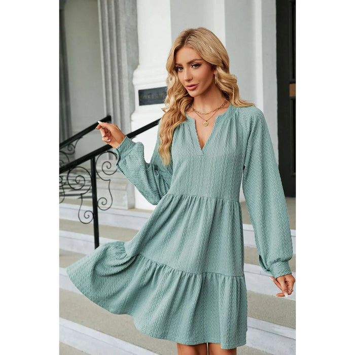 Notched Neck Long Sleeve Mini Dress