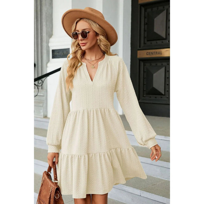 Notched Neck Long Sleeve Mini Dress