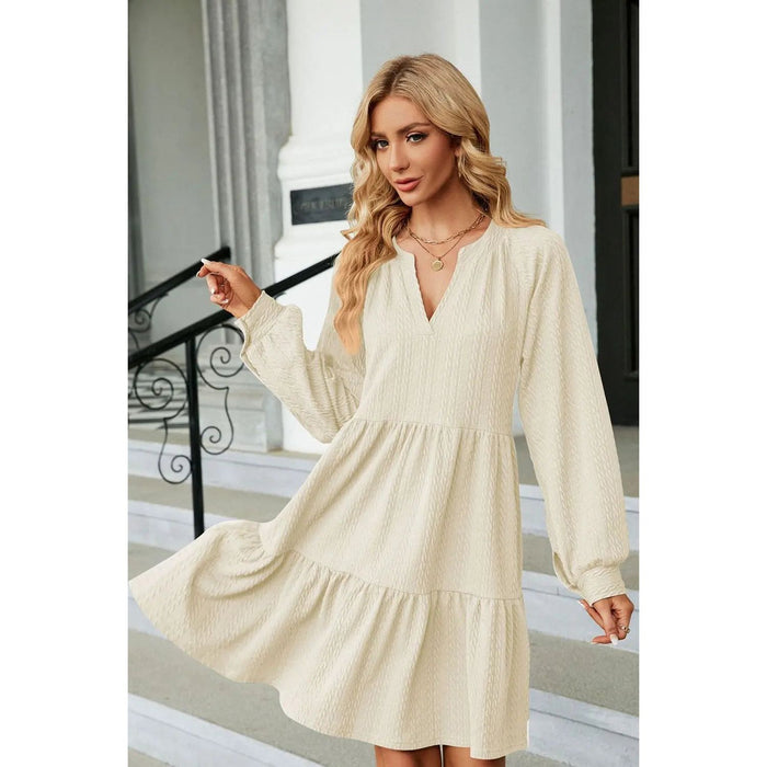 Notched Neck Long Sleeve Mini Dress