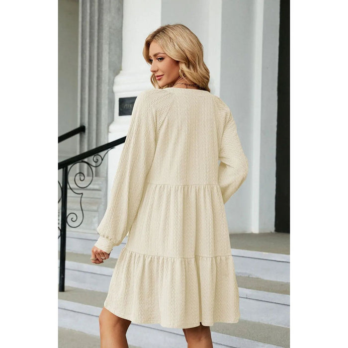 Notched Neck Long Sleeve Mini Dress