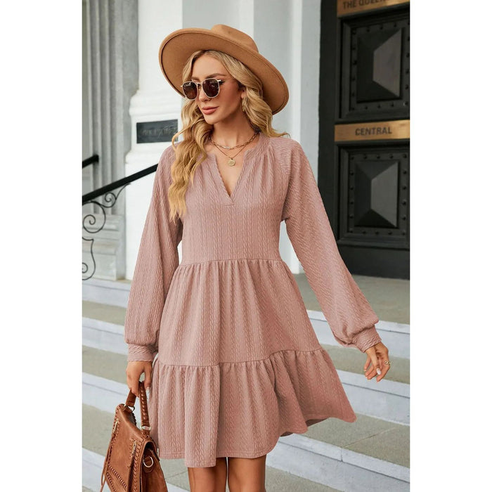 Notched Neck Long Sleeve Mini Dress