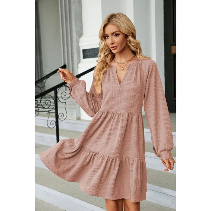 Notched Neck Long Sleeve Mini Dress