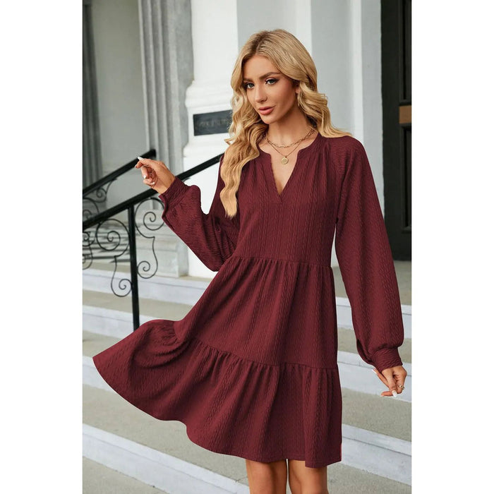 Notched Neck Long Sleeve Mini Dress