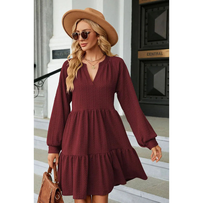 Notched Neck Long Sleeve Mini Dress